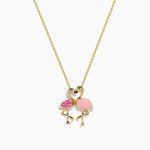 Pink Sapphire, Blue Diamond and Enamel Flamingos Pendant in 14K Yellow Gold