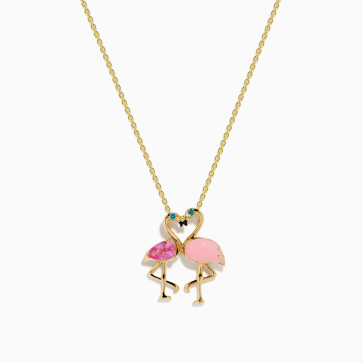 Pink Sapphire, Blue Diamond and Enamel Flamingos Pendant in 14K Yellow Gold