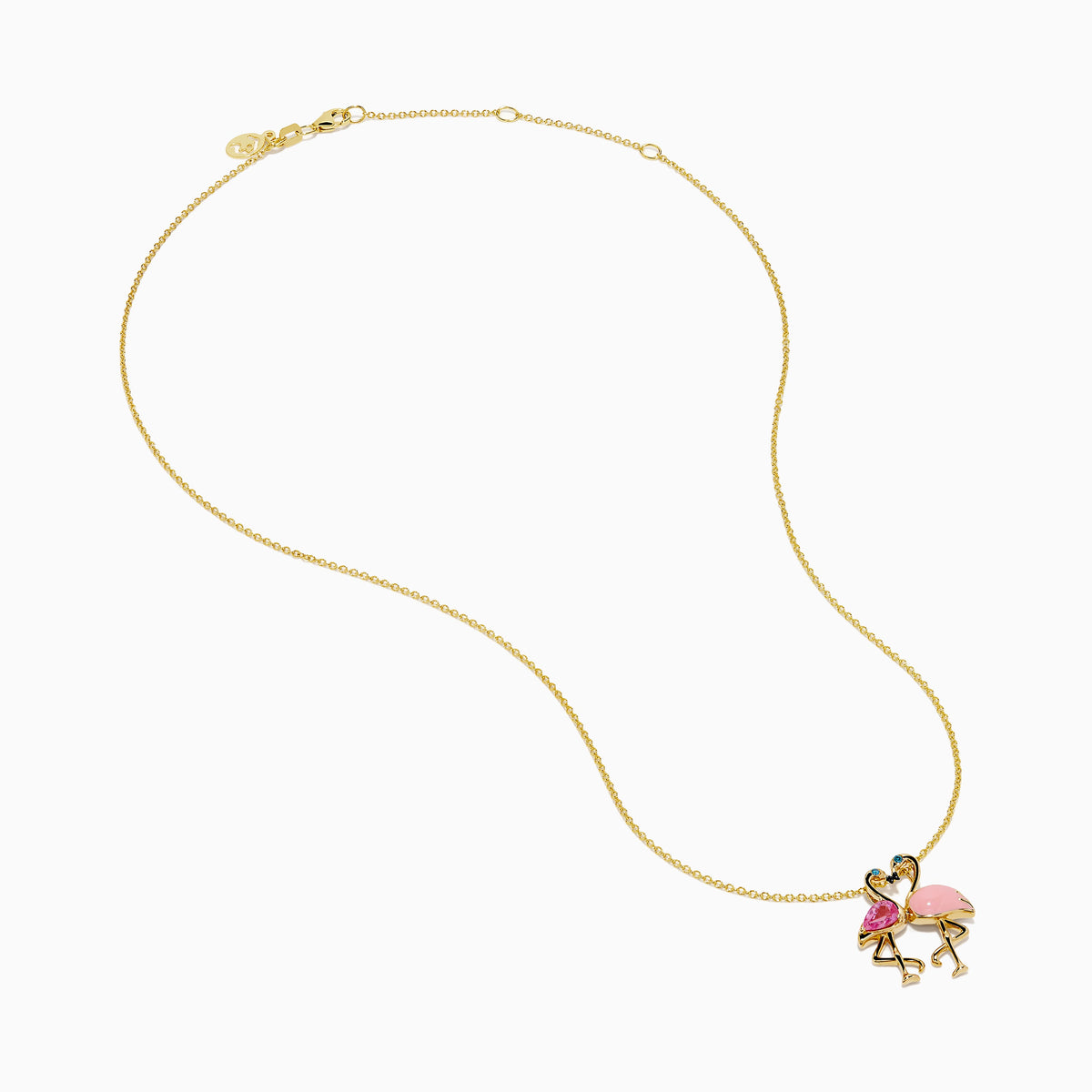 Pink Sapphire, Blue Diamond and Enamel Flamingos Pendant in 14K Yellow Gold view 2