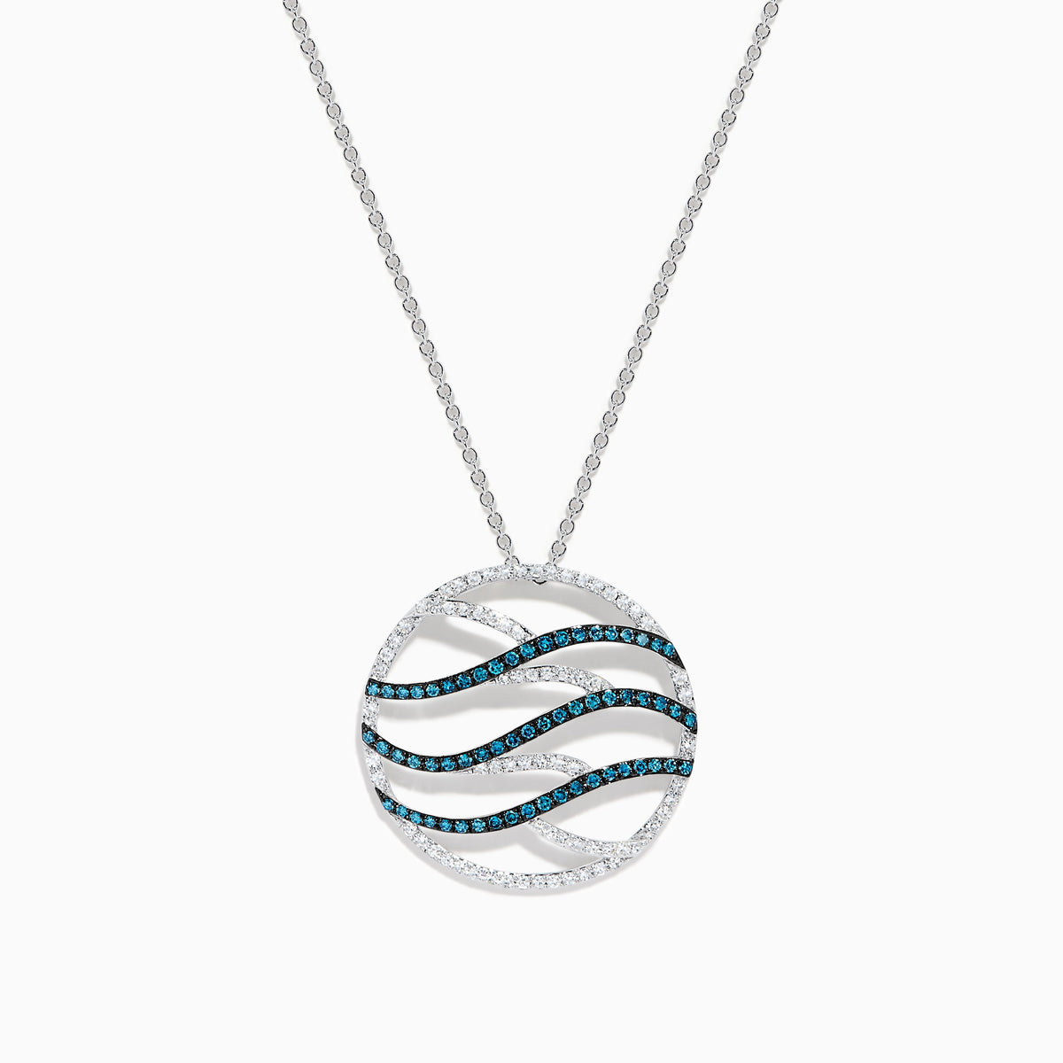 Blue and White Diamond Pave Wave Pendant in 14K White Gold