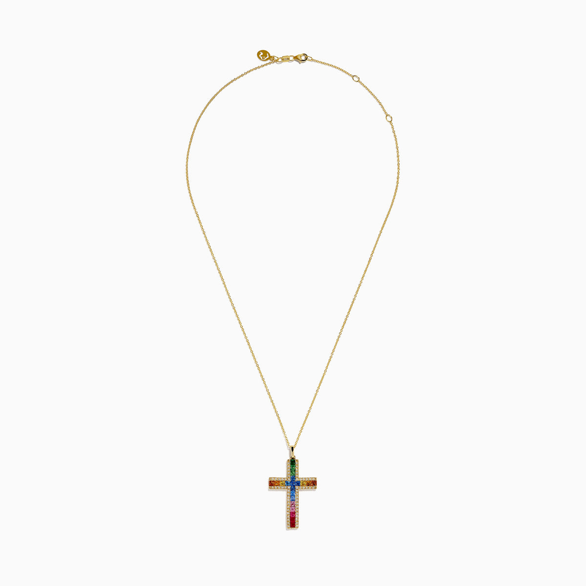 Multi Sapphire and Diamond Rainbow Cross Pendant in 14K Yellow Gold view 3
