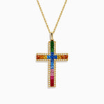 Multi Sapphire and Diamond Rainbow Cross Pendant in 14K Yellow Gold