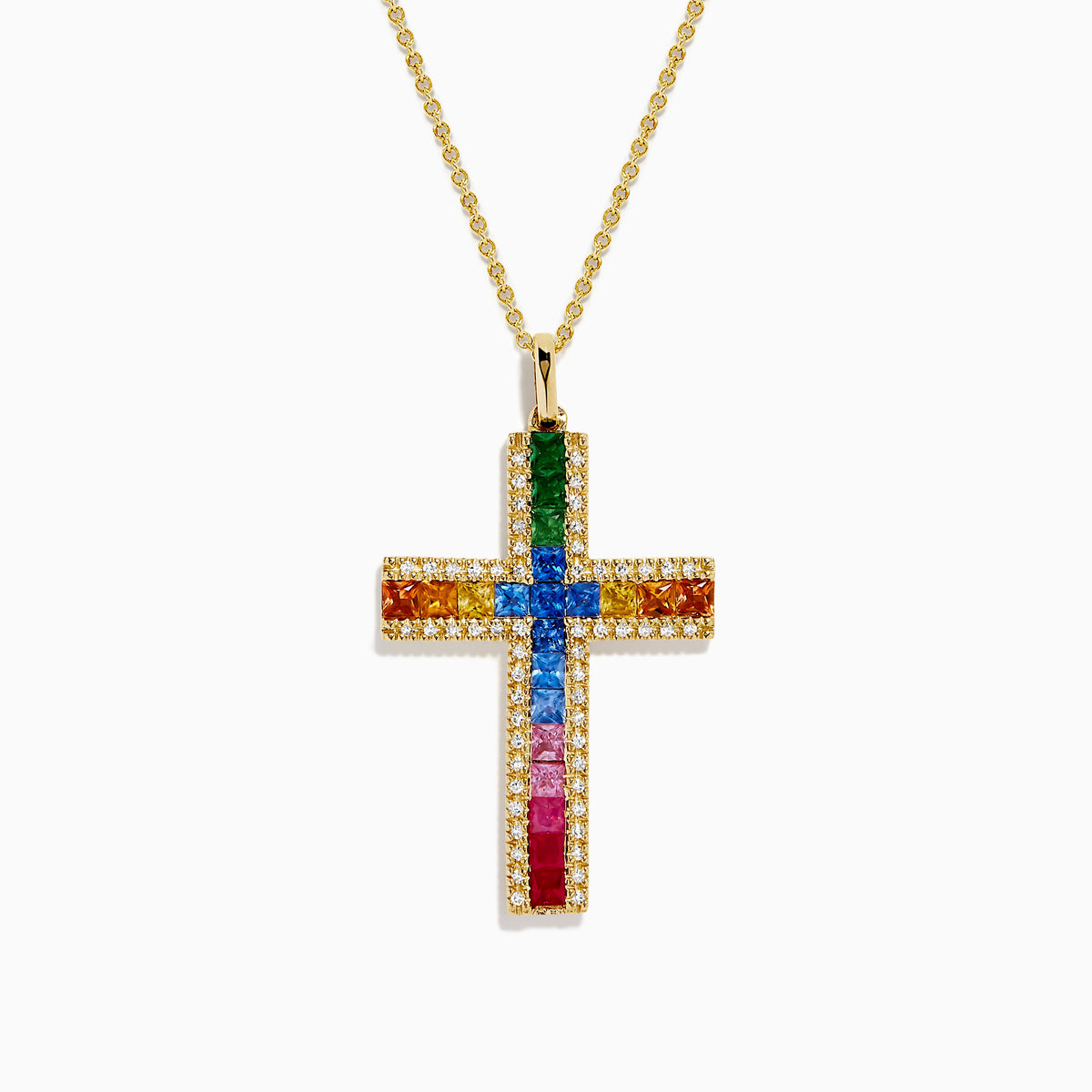 Multi Sapphire and Diamond Rainbow Cross Pendant in 14K Yellow Gold