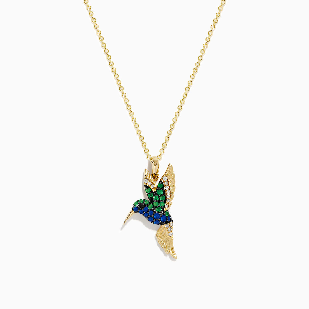 Emerald and Sapphire Humming Bird Pendant in 14K Yellow Gold