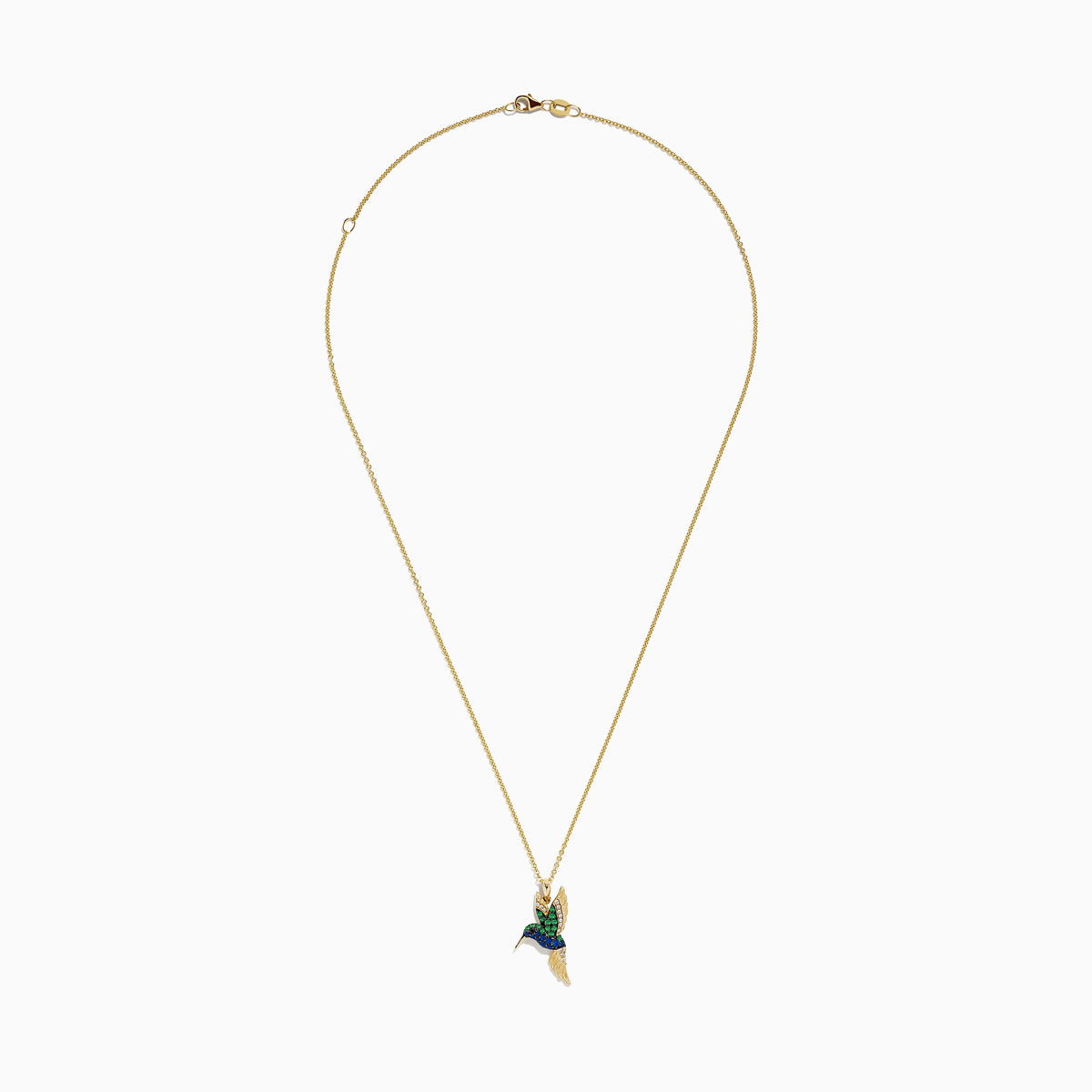 Emerald and Sapphire Humming Bird Pendant in 14K Yellow Gold view 2