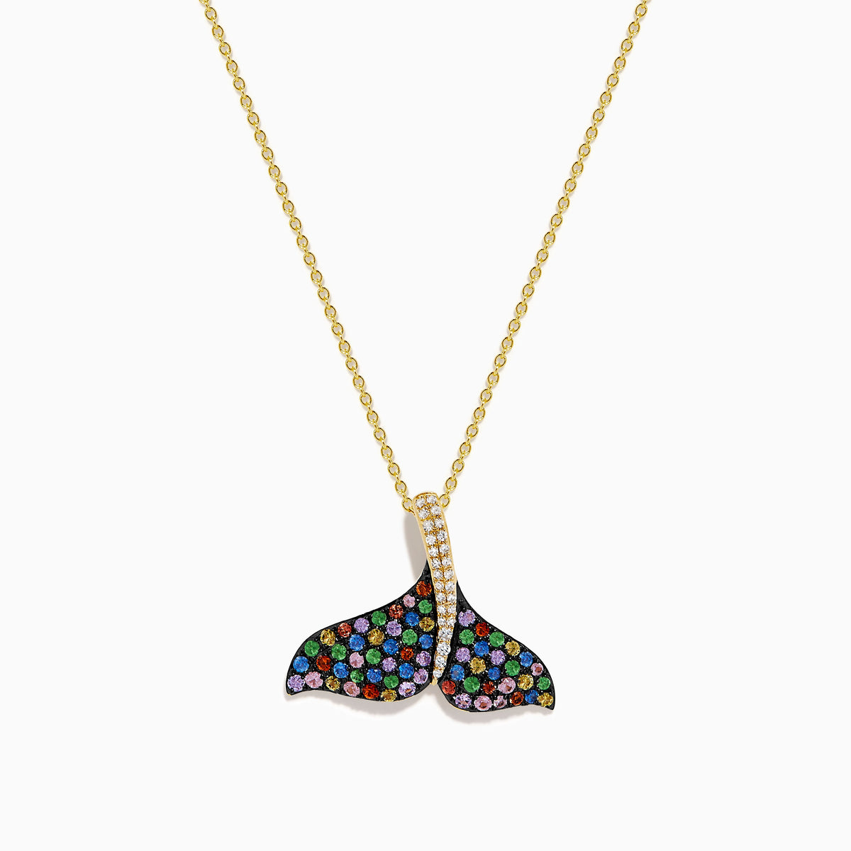 Multi Sapphire and Diamond Whale Tail Pendant in 14K Yellow Gold