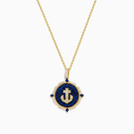 Blue Sapphire and Diamond Anchor Medallion Pendant in 14K Yellow Gold