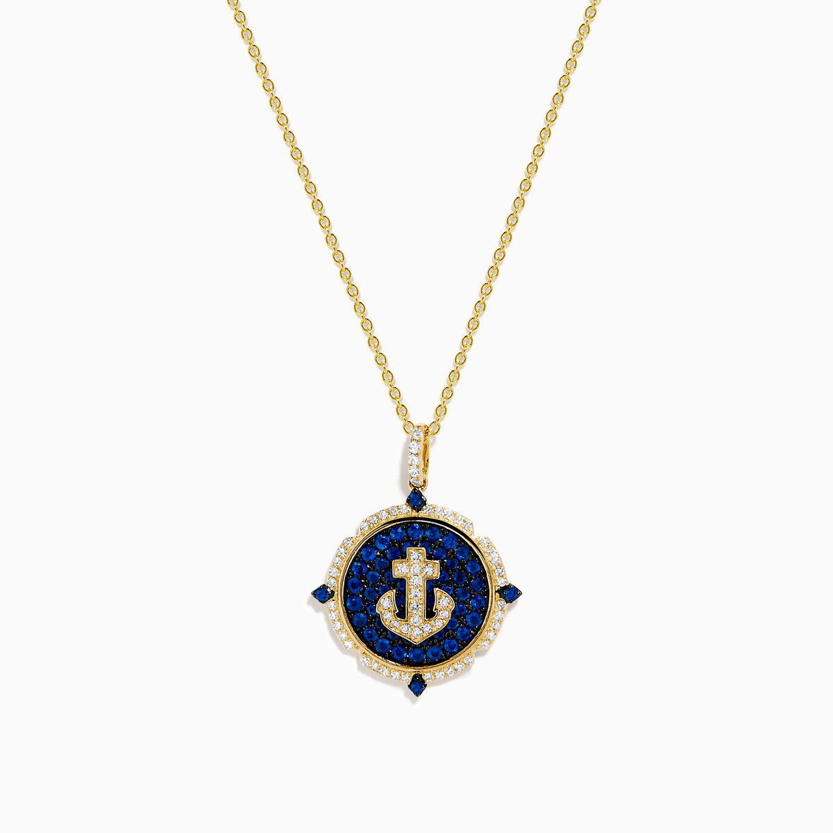 Blue Sapphire and Diamond Anchor Medallion Pendant in 14K Yellow Gold