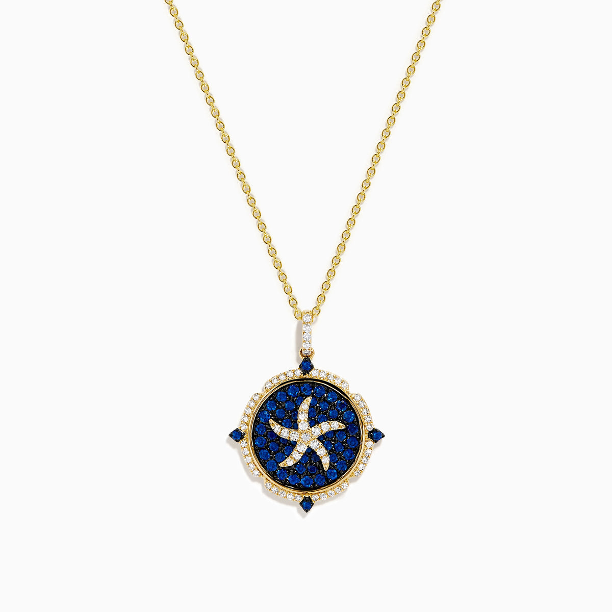 Blue Sapphire and Diamond Starfish Medallion Pendant in 14K Yellow Gold
