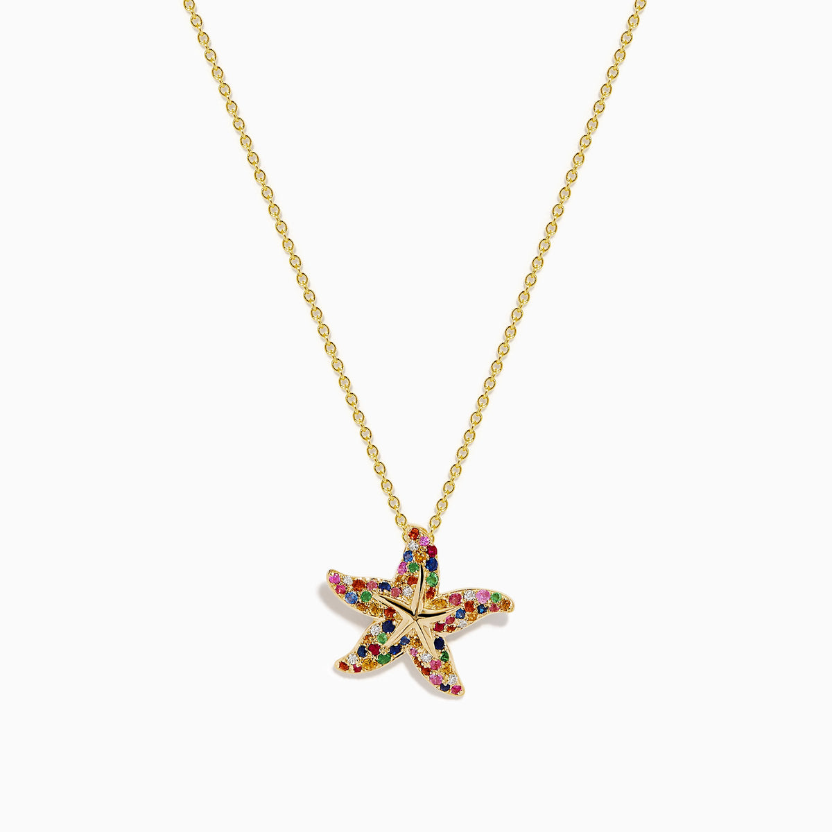 Multi Sapphire and Diamond Starfish Pendant in 14K Yellow Gold