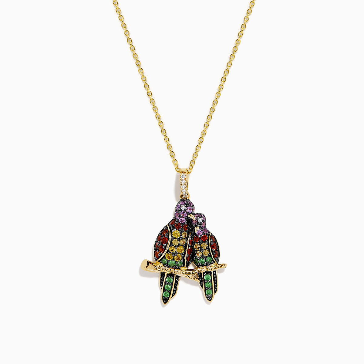 Multi Sapphire and Diamond Lovebirds Pendant in 14K Yellow Gold