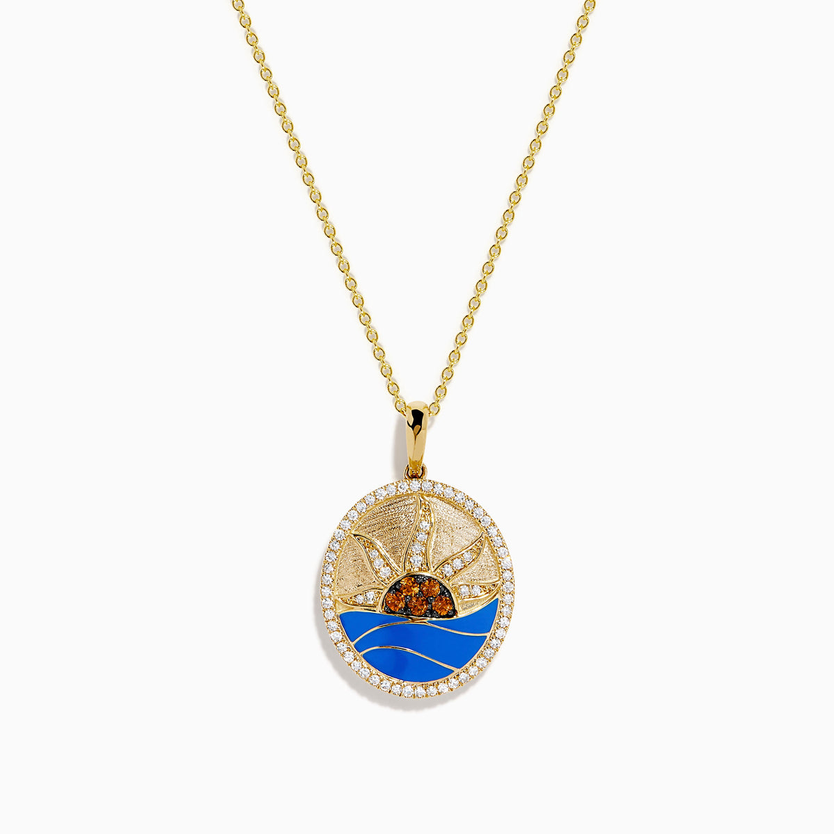 Orange Sapphire, Diamond and Enamel Sunset Medallion Pendant in 14K Yellow Gold