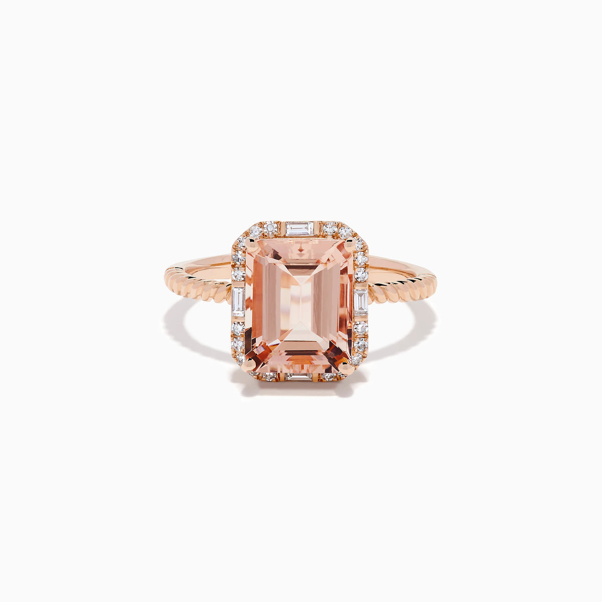 Morganite and Diamond Emerald-Cut Halo Ring in 14K Rose Gold