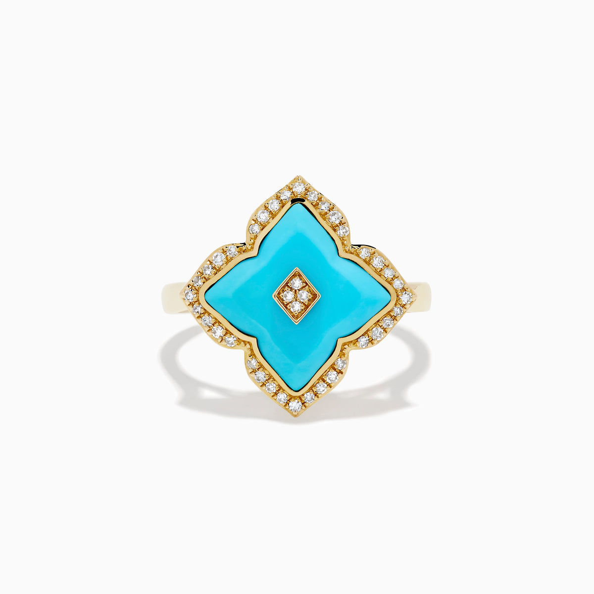 Turquoise and Diamond Quatrefoil Halo Ring in 14K Yellow Gold