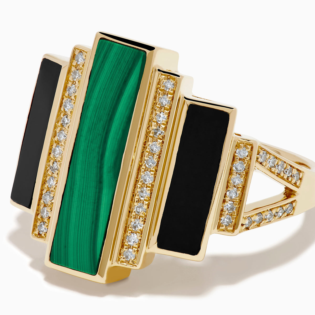 Malachite, Onyx and Diamond Art Deco Geometric Ring in 14K Yellow Gold view 2