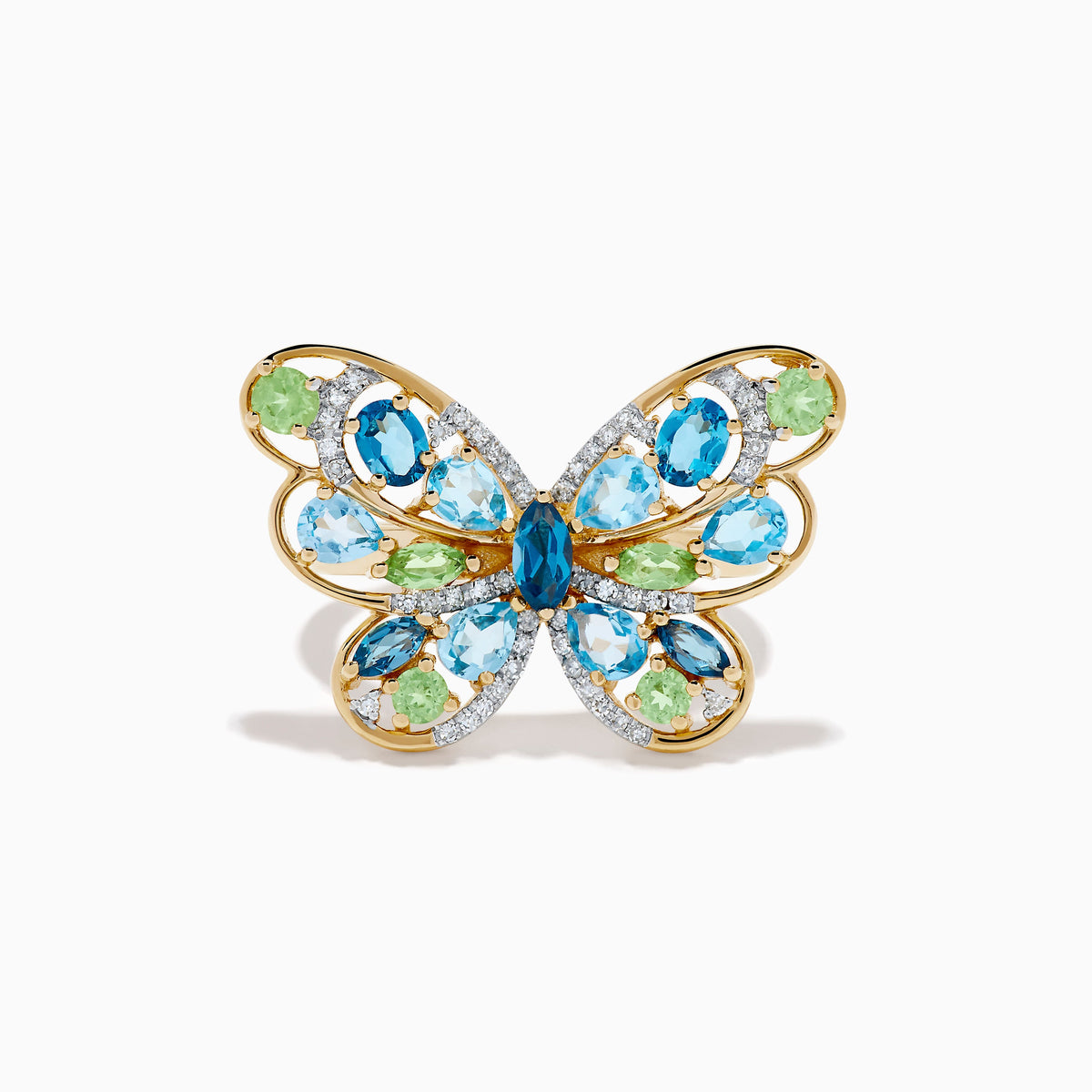 Blue Topaz, Peridot and Diamond Butterfly Ring in 14K Yellow Gold