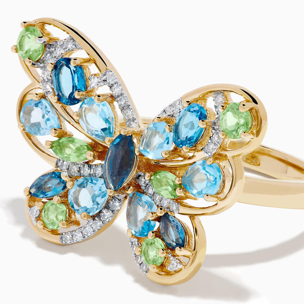 Blue Topaz, Peridot and Diamond Butterfly Ring in 14K Yellow Gold view 2