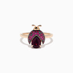 Rhodolite, Ruby and Black Diamond Ladybug Ring in 14K Rose Gold