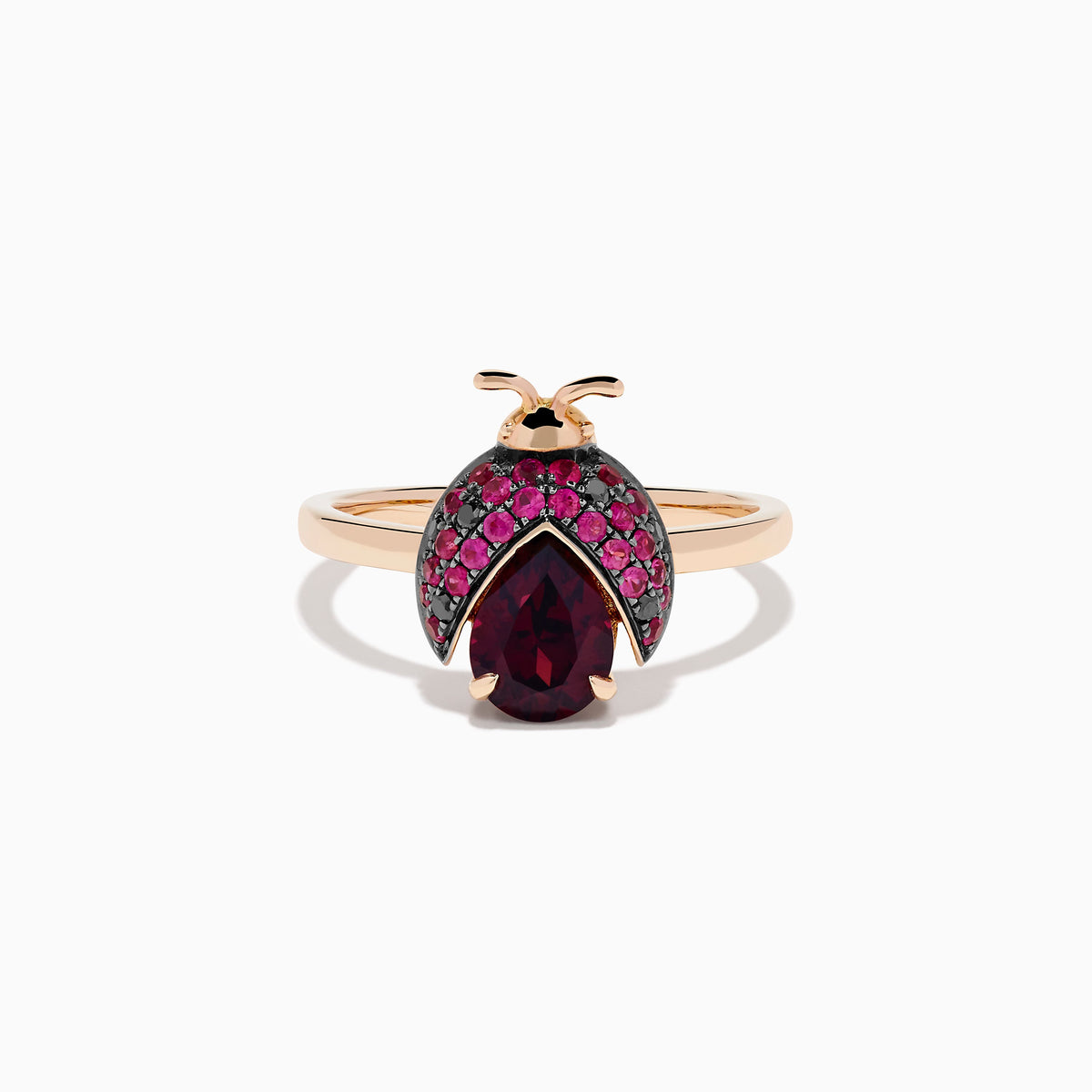 Rhodolite, Ruby and Black Diamond Ladybug Ring in 14K Rose Gold