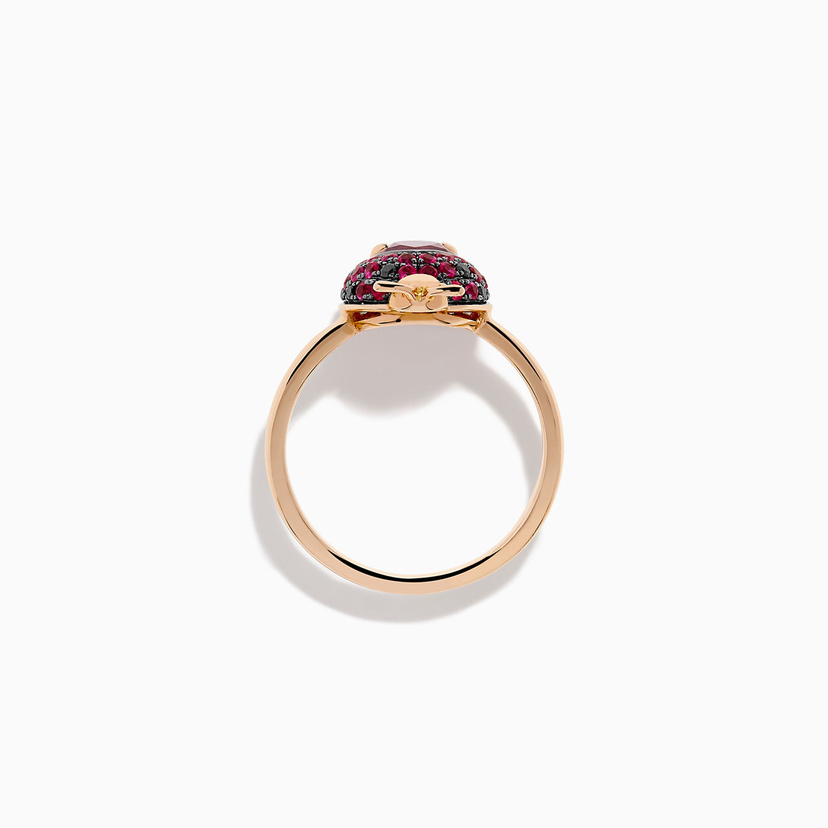 Rhodolite, Ruby and Black Diamond Ladybug Ring in 14K Rose Gold view 3