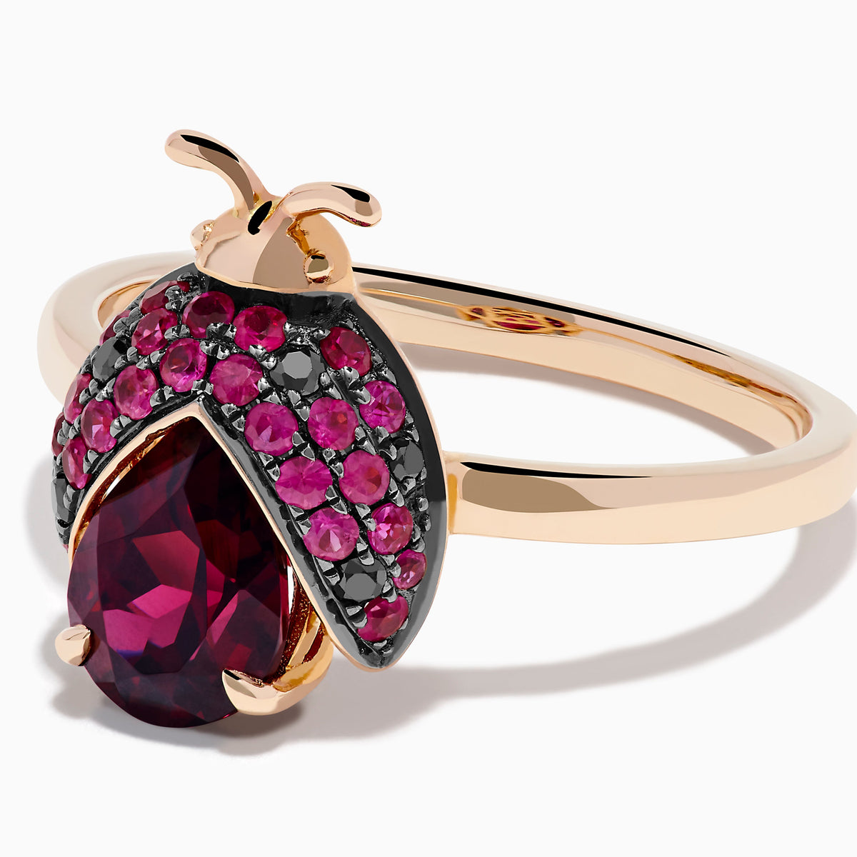 Rhodolite, Ruby and Black Diamond Ladybug Ring in 14K Rose Gold view 2