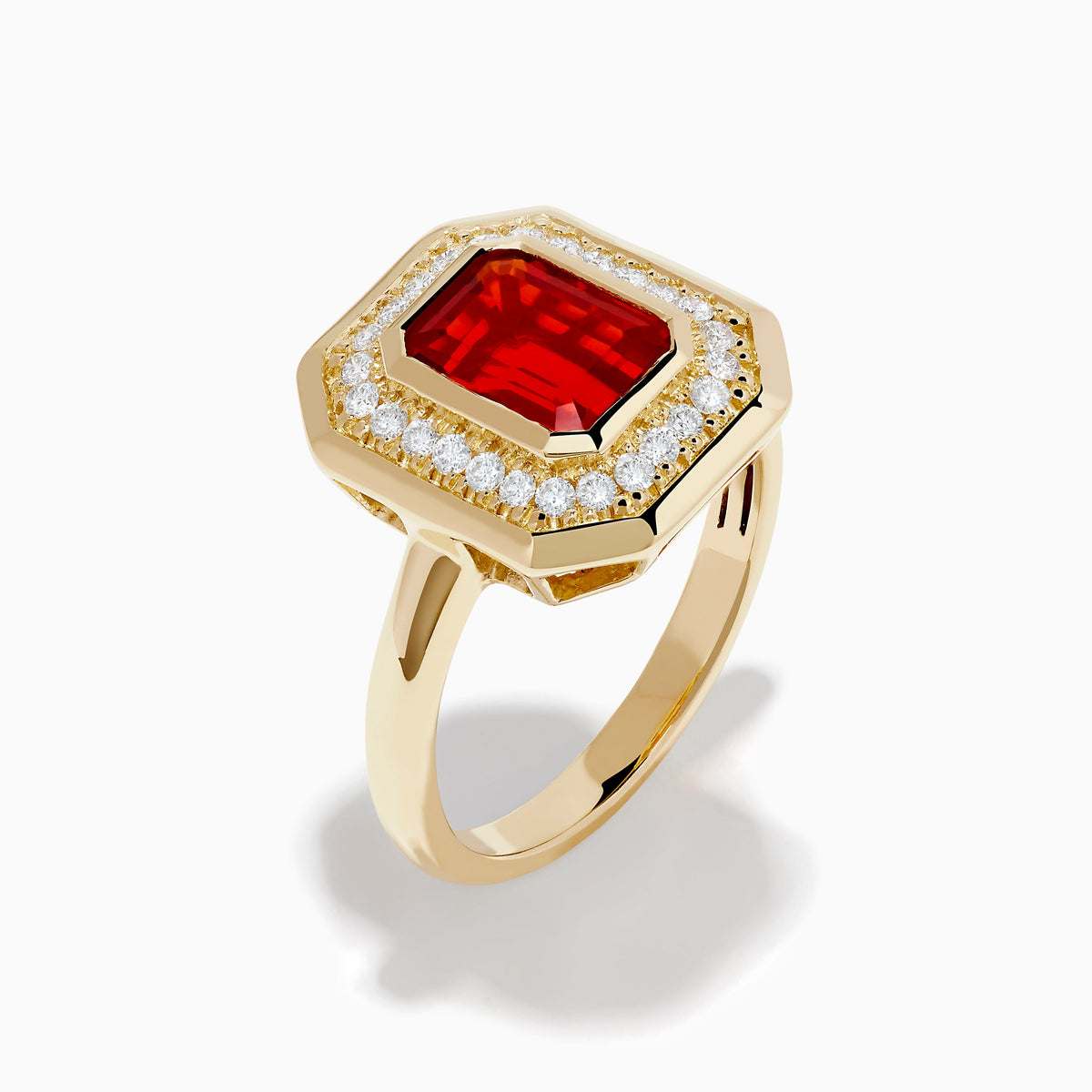 Fire Opal and Diamond Emerald-Cut Halo Ring in 14K Yellow Gold view 4