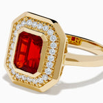 Fire Opal and Diamond Emerald-Cut Halo Ring in 14K Yellow Gold view 2