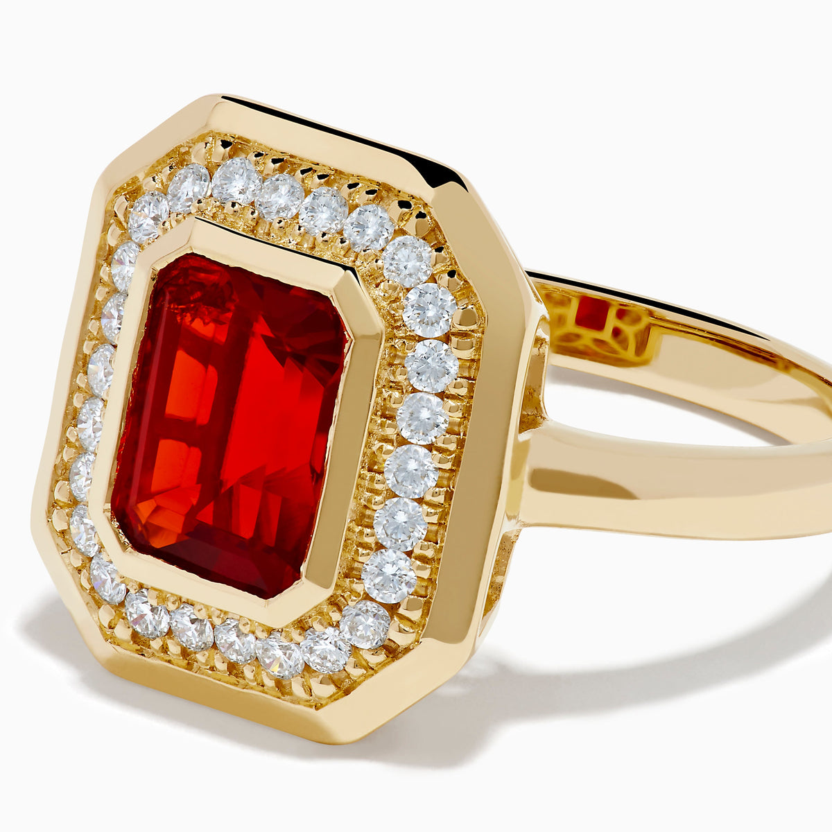 Fire Opal and Diamond Emerald-Cut Halo Ring in 14K Yellow Gold view 2