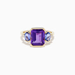 Amethyst, Tanzanite and Diamond Three-Stone Ring in 14K Yellow Gold