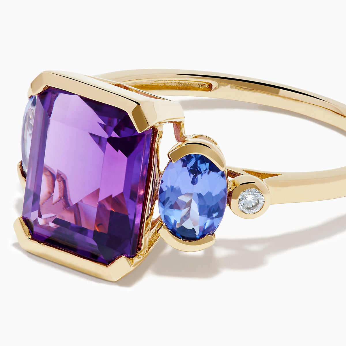 Amethyst, Tanzanite and Diamond Three-Stone Ring in 14K Yellow Gold view 2