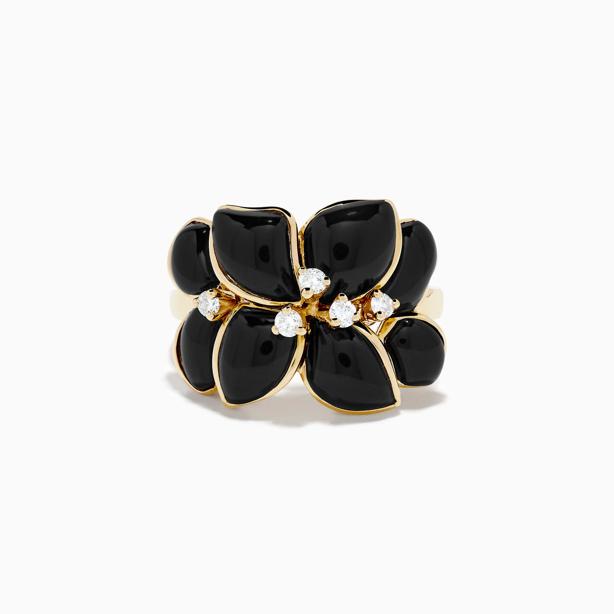 Onyx and Diamond Flower Ring in 14K Yellow Gold