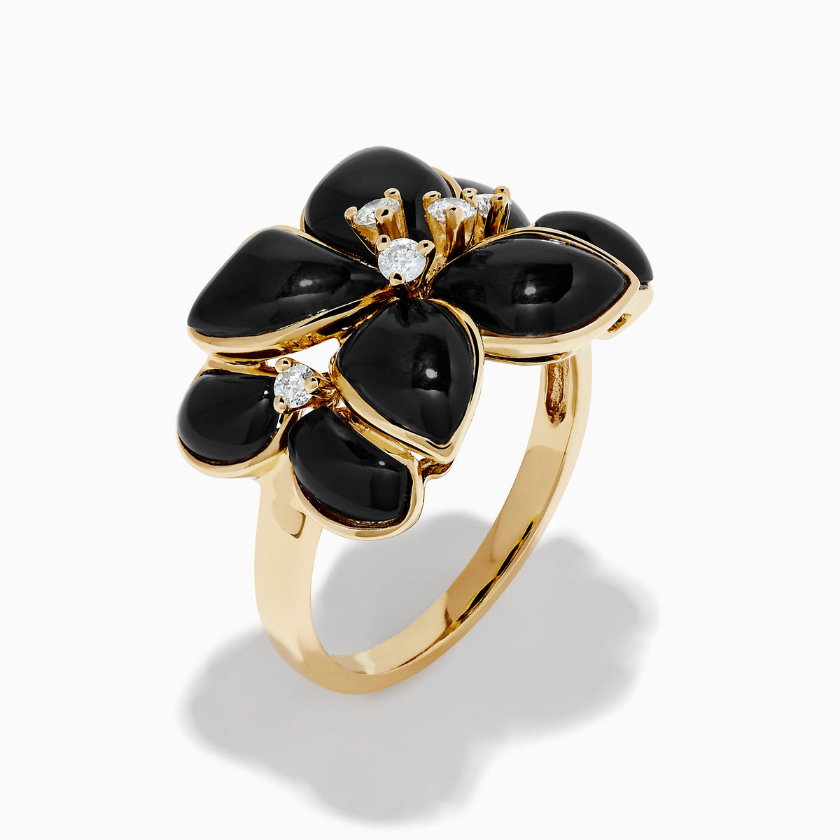 Onyx and Diamond Flower Ring in 14K Yellow Gold view 4