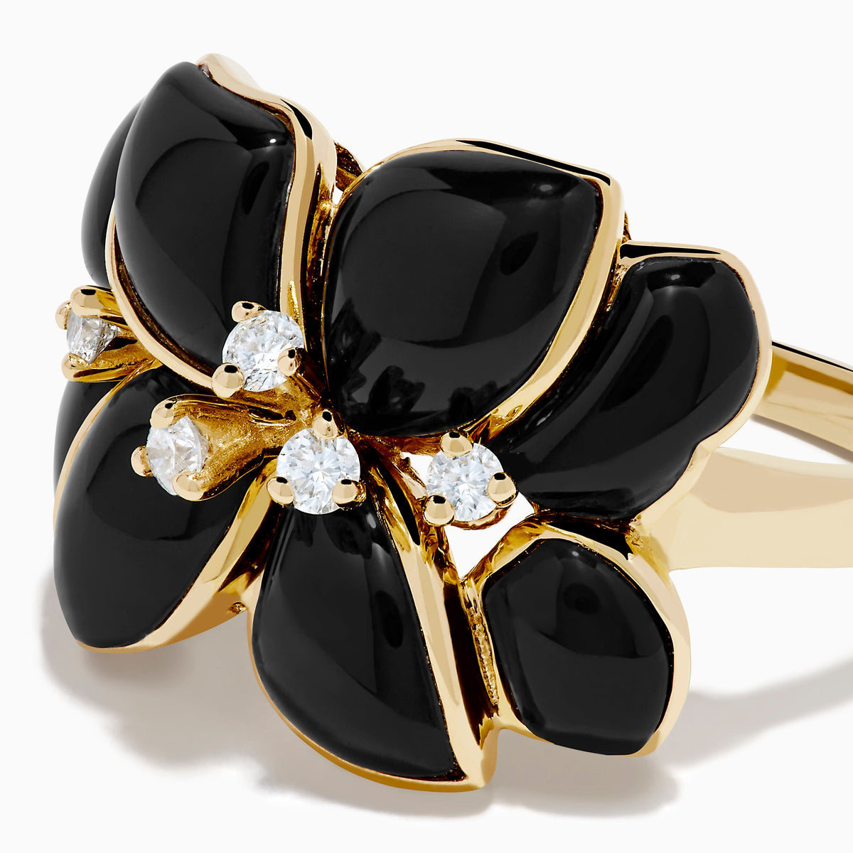 Onyx and Diamond Flower Ring in 14K Yellow Gold view 2