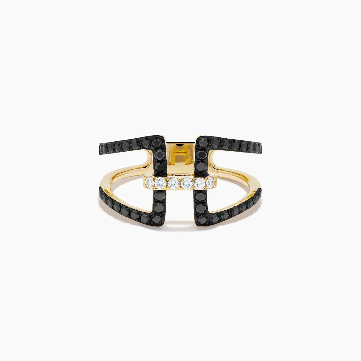 Black and White Diamond Open Geometric Ring in 14K Yellow Gold