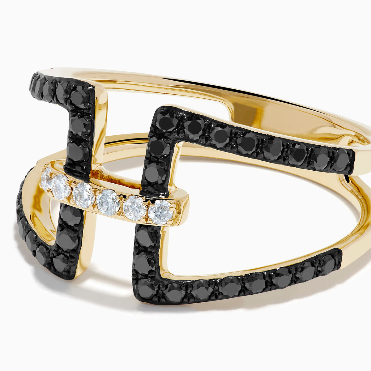 Black and White Diamond Open Geometric Ring in 14K Yellow Gold view 2