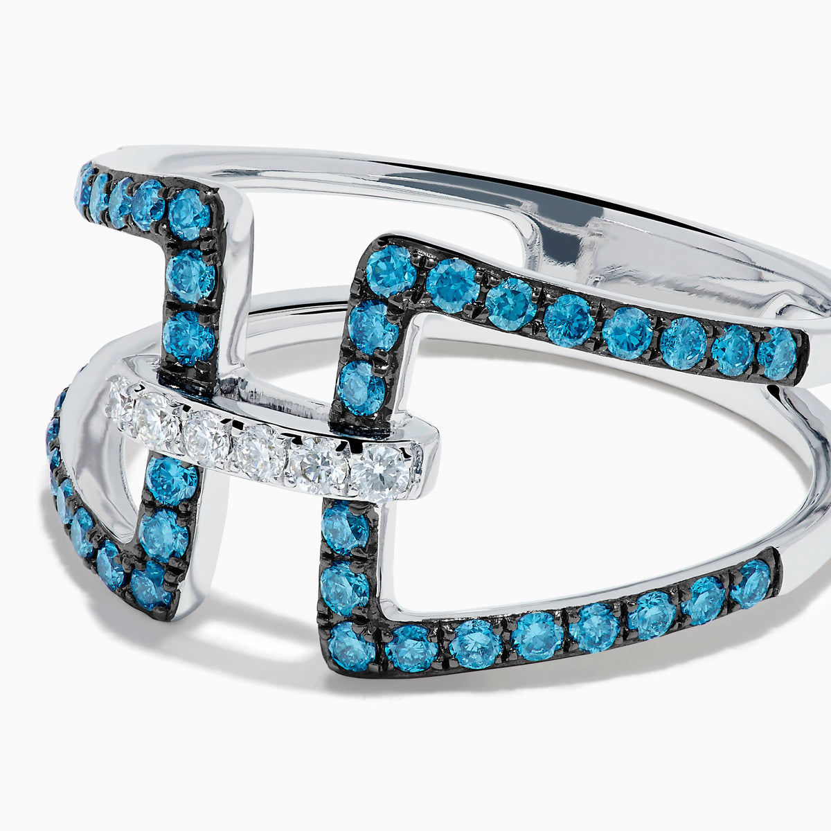 Blue and White Diamond Open Geometric Ring in 14K White Gold view 2