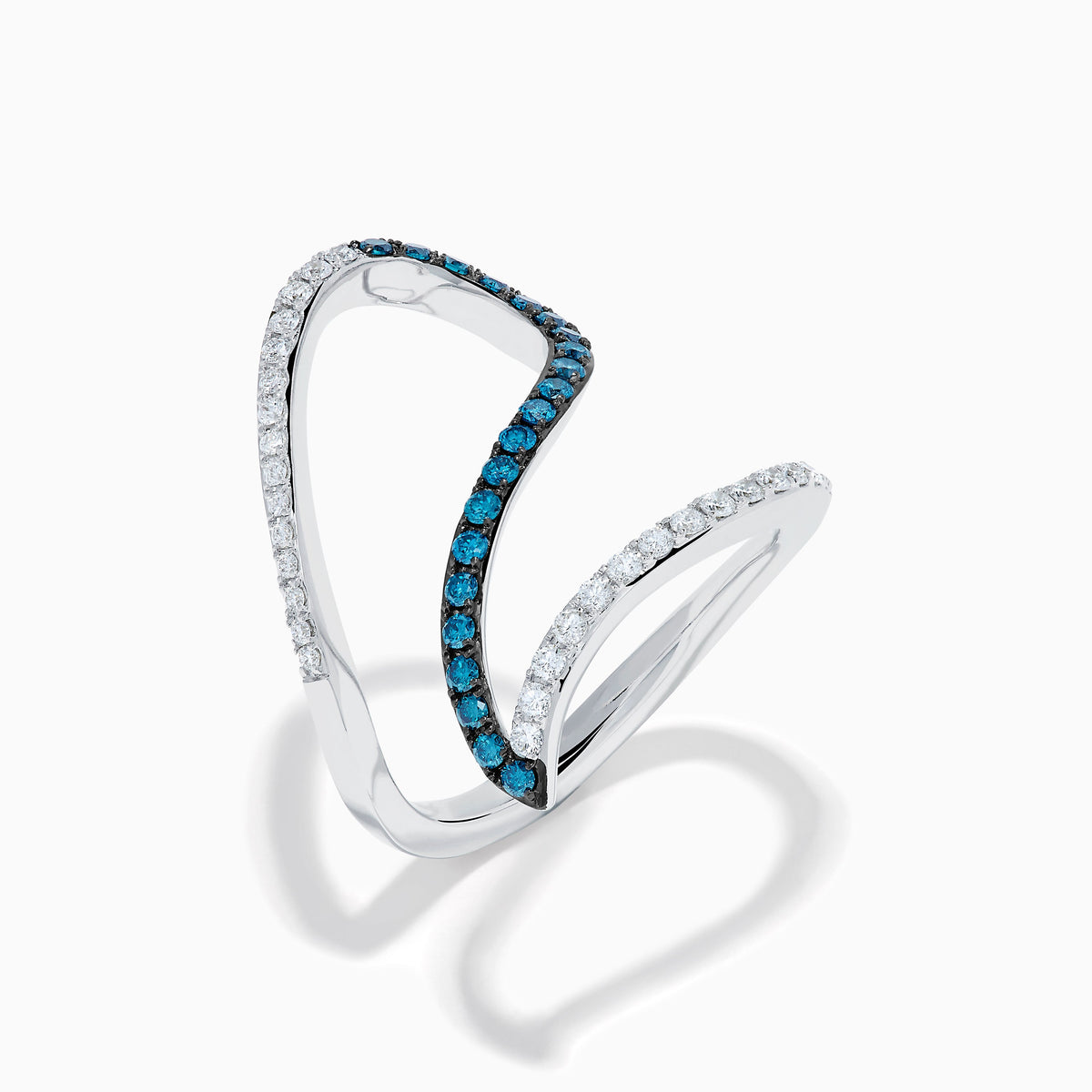 Blue and White Diamond Pave Wave Ring in 14K White Gold view 4