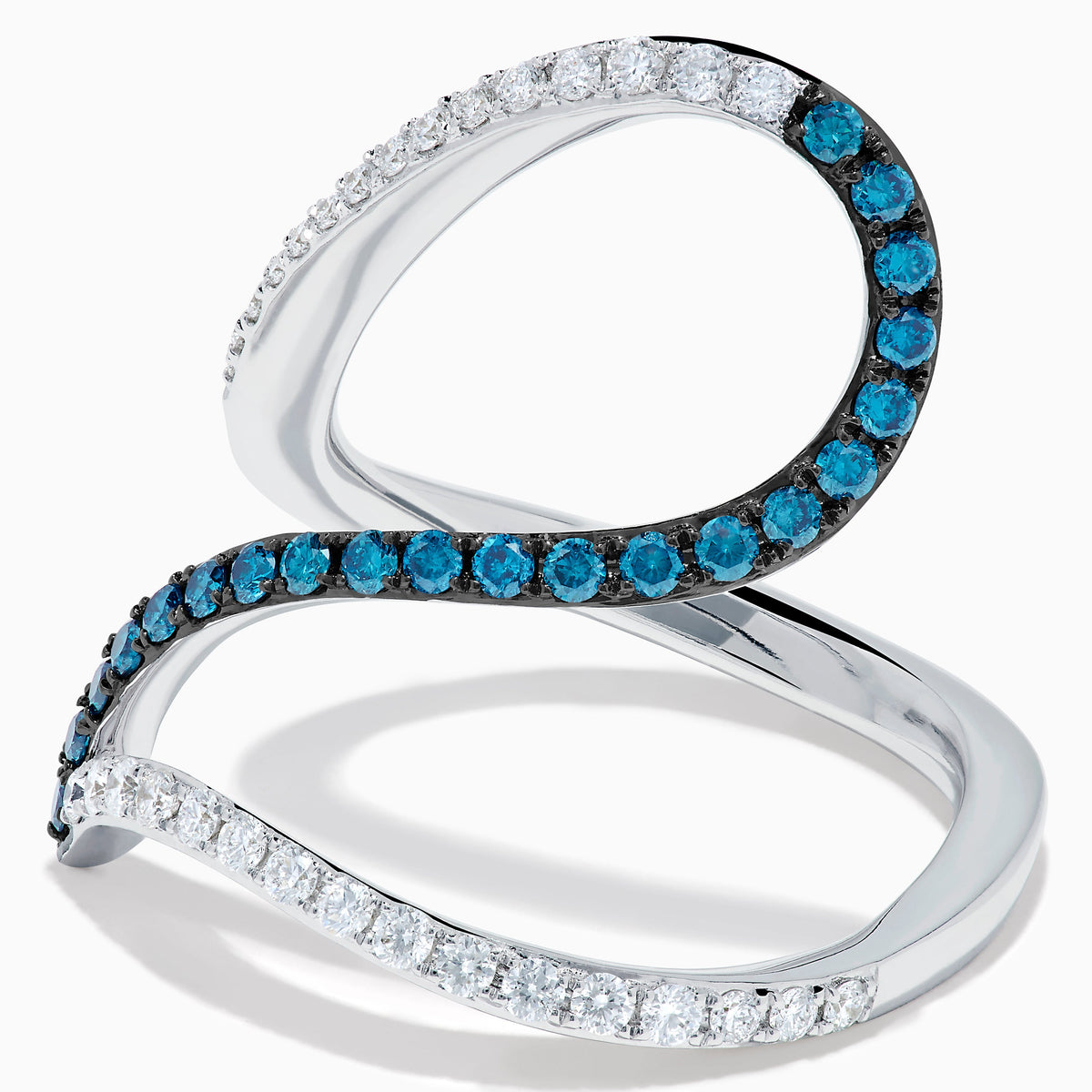 Blue and White Diamond Pave Wave Ring in 14K White Gold view 2
