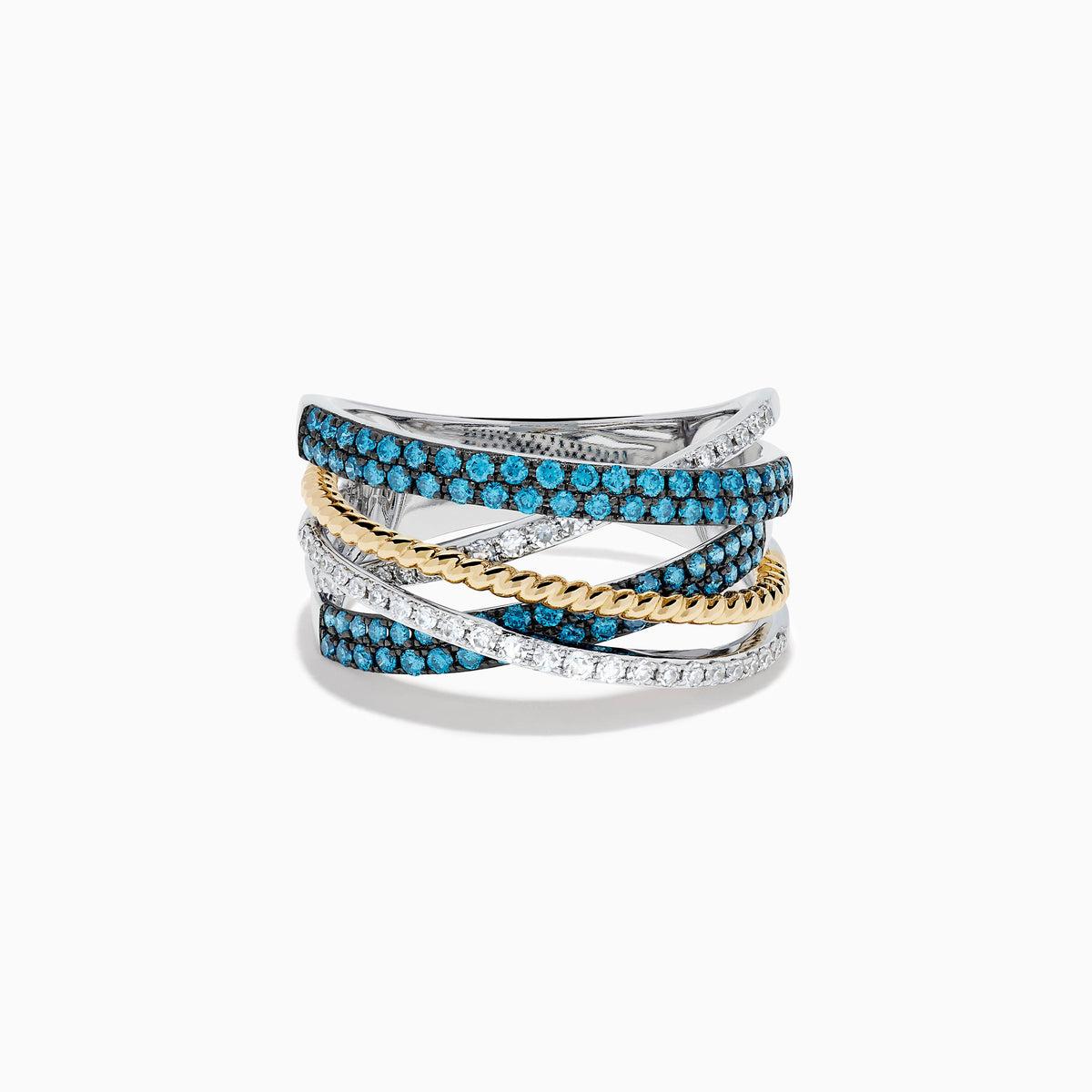 Blue and White Diamond Pave Crossover Ring in 14K Two-Tone Gold