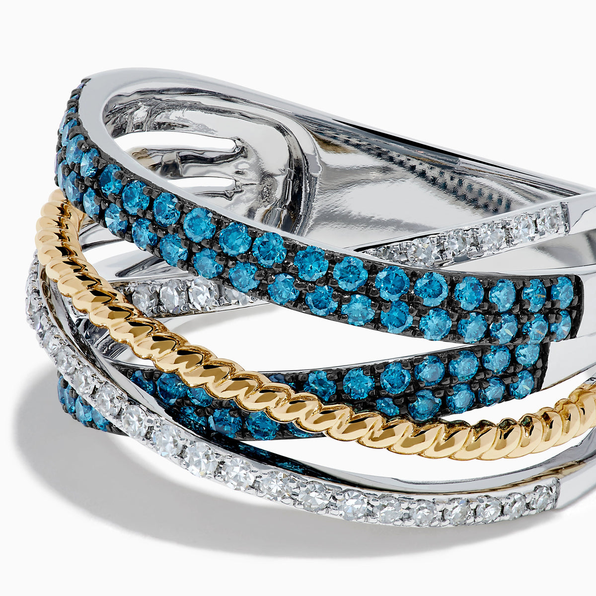 Blue and White Diamond Pave Crossover Ring in 14K Two-Tone Gold view 2