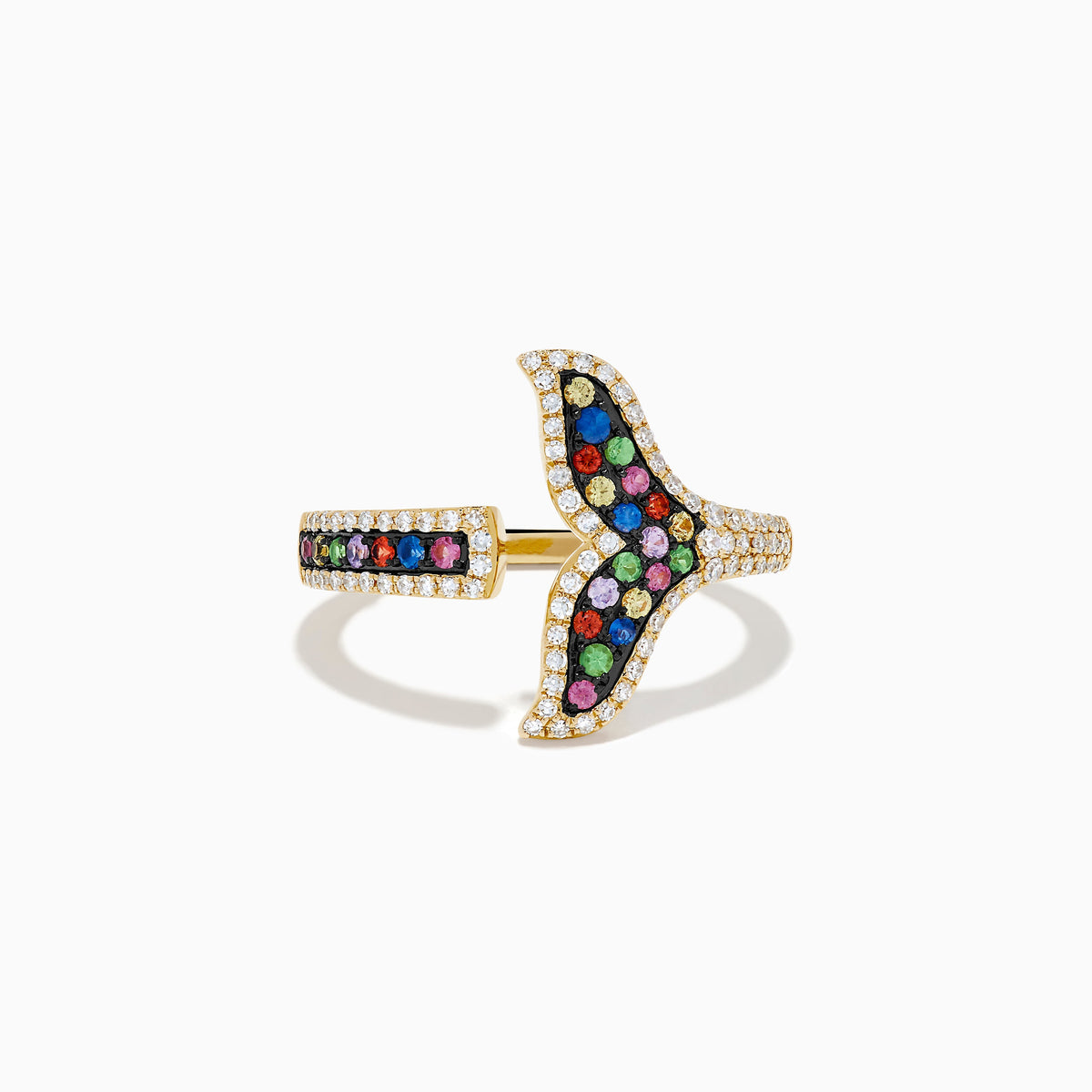 Multi Sapphire and Diamond Open Whale Tail Ring in 14K Yellow Gold