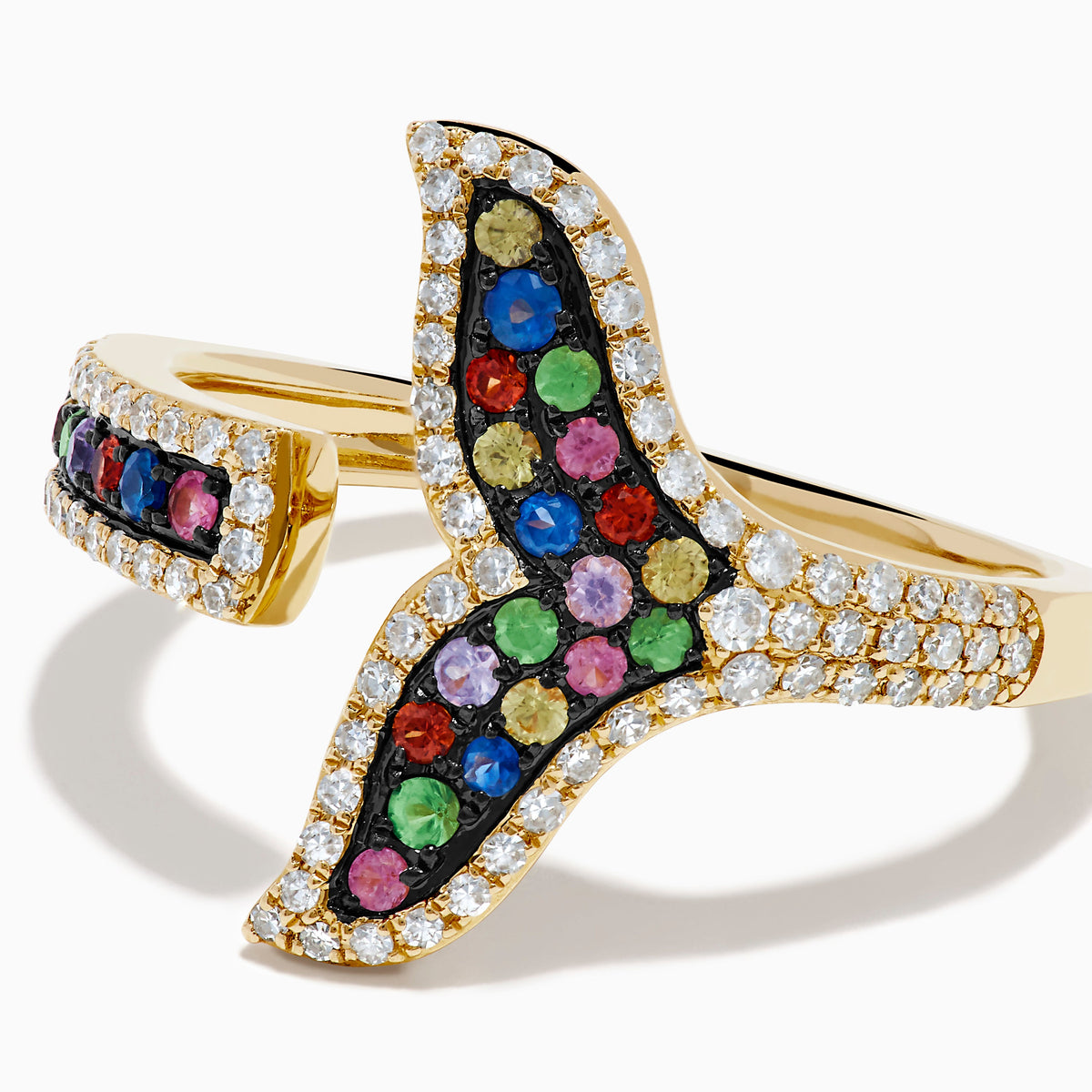 Multi Sapphire and Diamond Open Whale Tail Ring in 14K Yellow Gold view 2