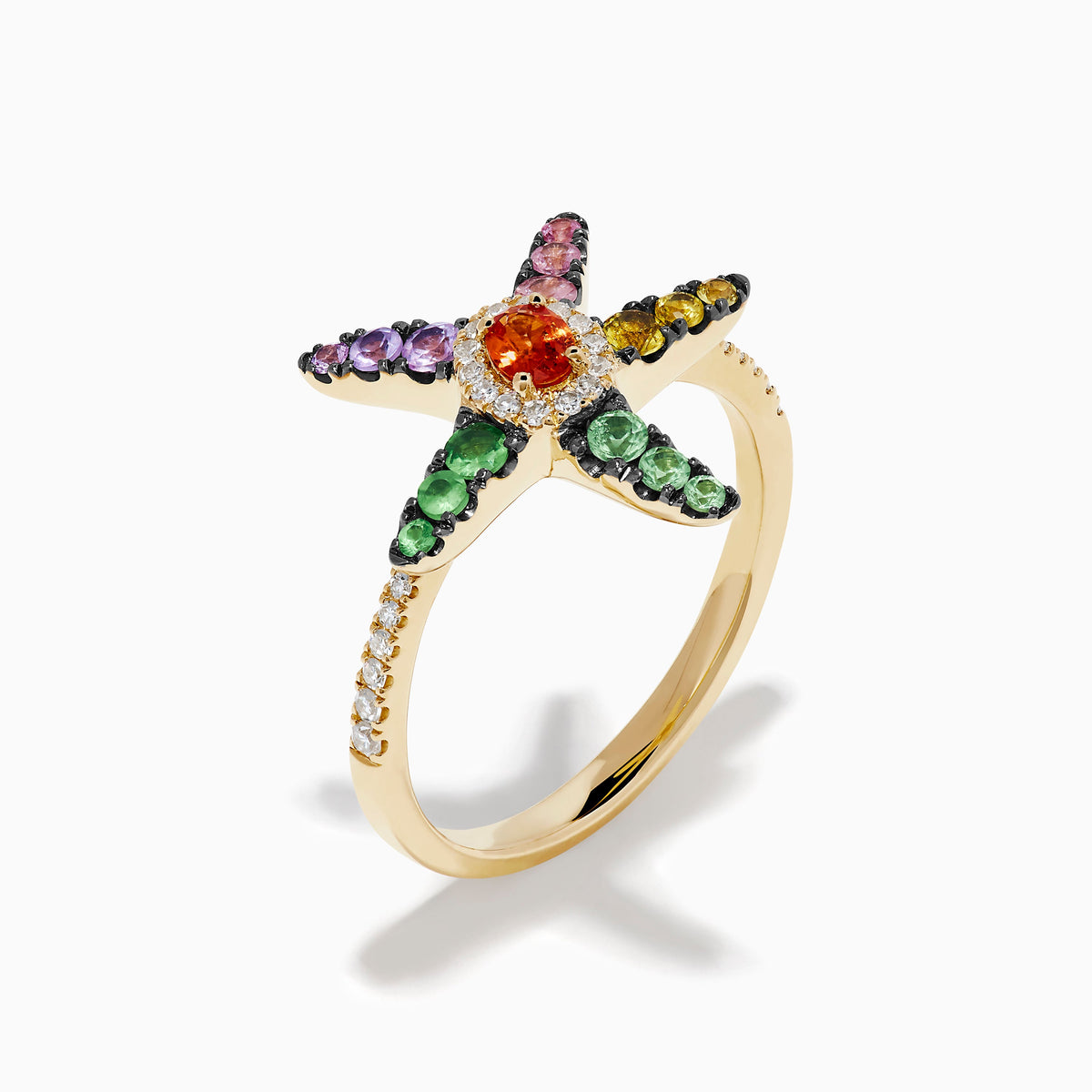 Multi Sapphire and Diamond Starfish Ring in 14K Yellow Gold view 4