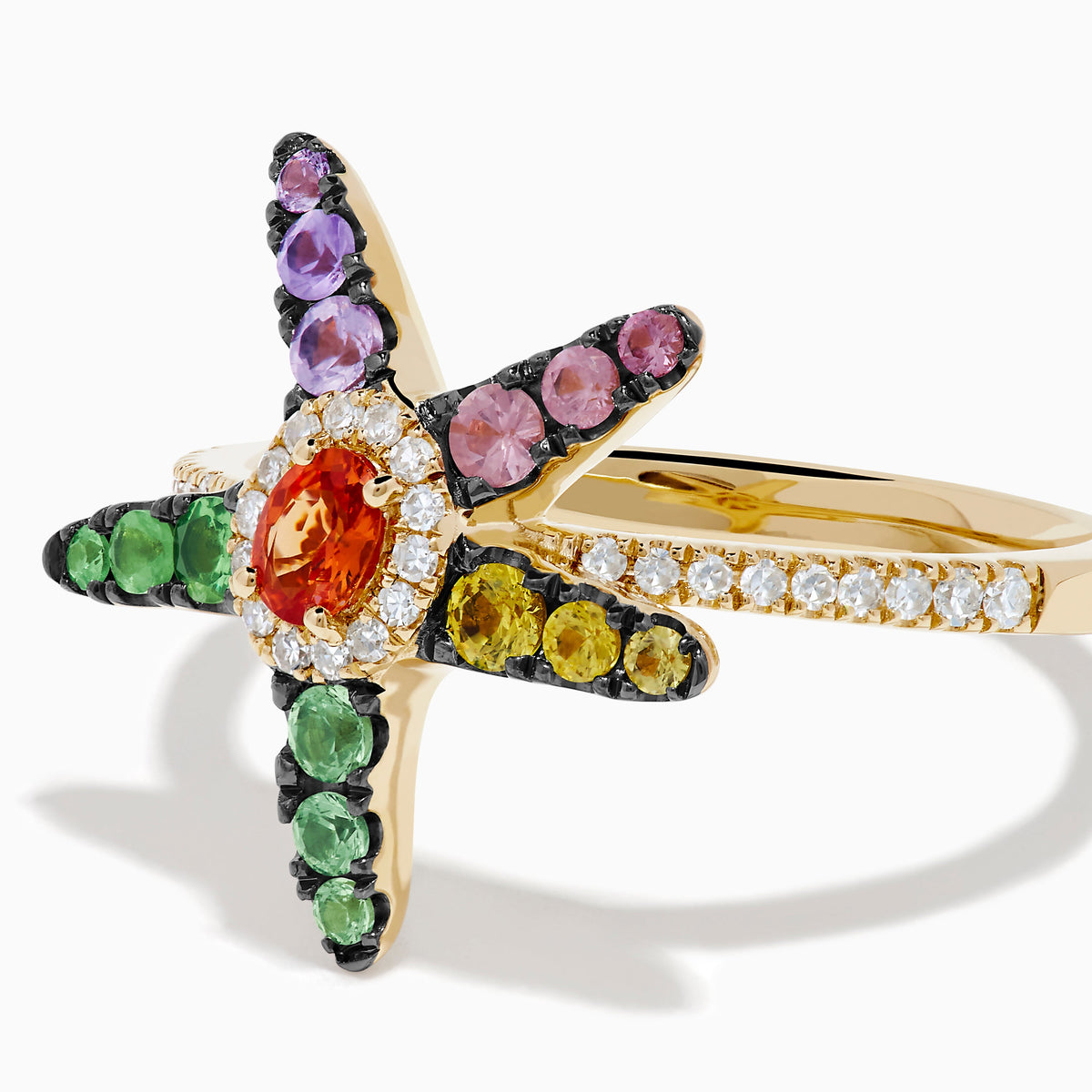 Multi Sapphire and Diamond Starfish Ring in 14K Yellow Gold view 2