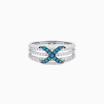 Blue and White Diamond X Crossover Ring in 14K White Gold