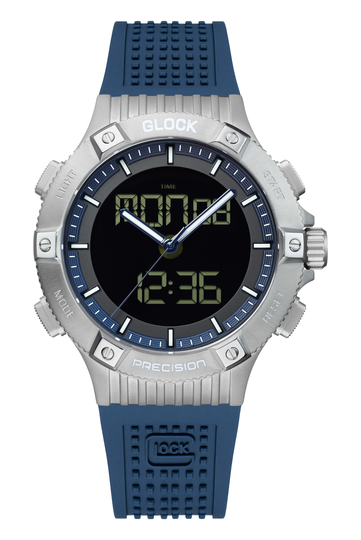 GLOCK analog-digital watch GW-24-2-24 with black dial and dark blue silicone strap, front view
