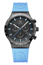 GLOCK Precision Chronograph in black steel with light blue silicone strap, front view