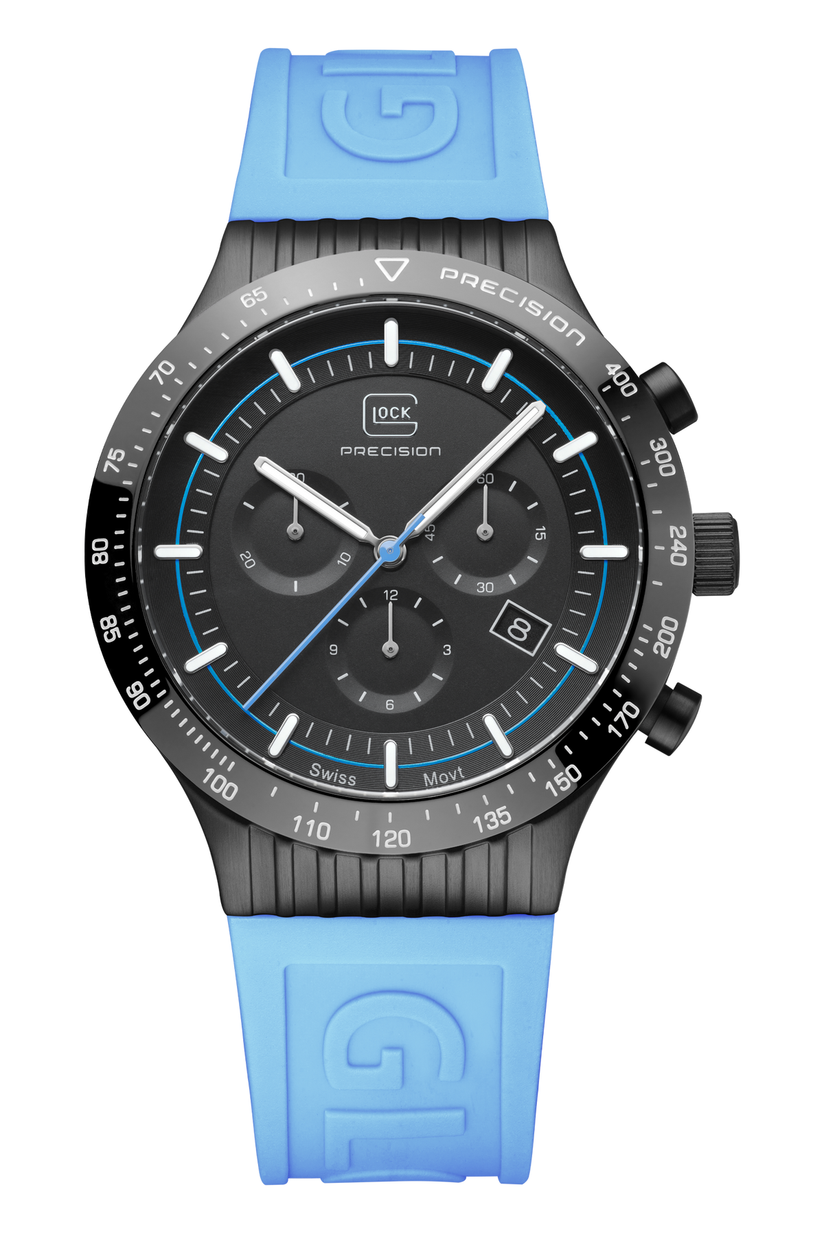 GLOCK Precision Chronograph in black steel with light blue silicone strap, front view