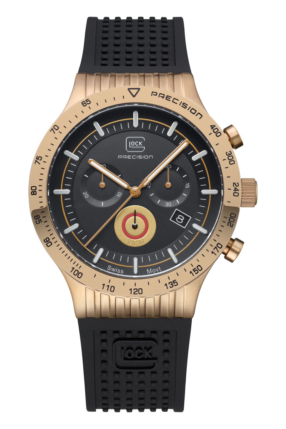 GLOCK Precision Chronograph GW-34-1-24 in coyote PVD steel with black dial and black silicone strap, front view