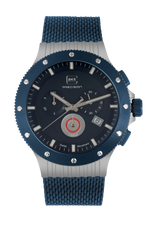 GLOCK titanium chronograph with blue dial and blue mesh strap, front view